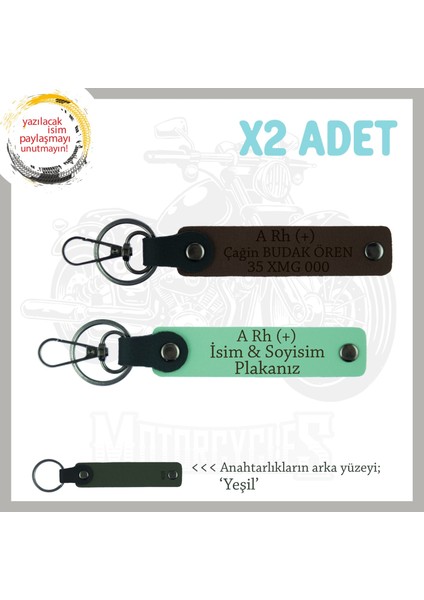 Modifiye Motorcuya Özel, Isim Plaka ve A Rh (+) Kan Grubu Yazılı X2 Anahtarlık, Yeşil-K Kahve-Ysl