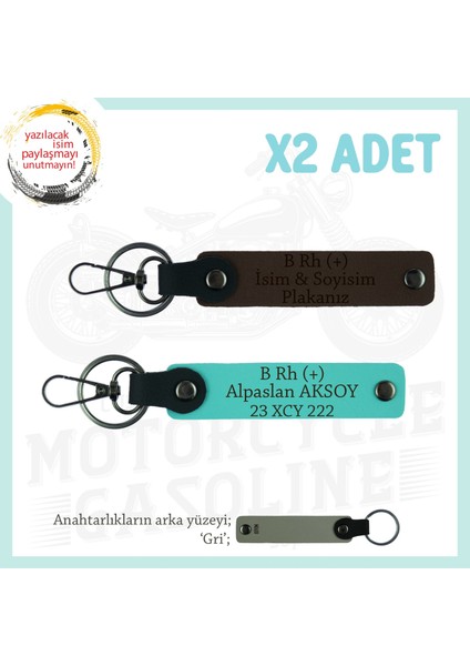 Motor Severlere Hediye, Isim Plaka ve B Rh (+) Kan Grubu Yazılı X2'li Anahtarlık, K Kahve-Turkuaz-Gr