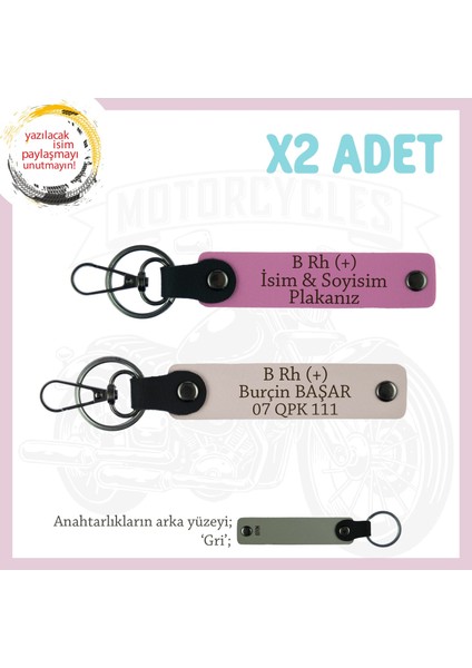Motor Severlere Özel, Isim Plaka ve B Rh (+) Kan Grubu, Tasarım Deri 2'li Anahtarlık, Pudra-Pembe-Gr