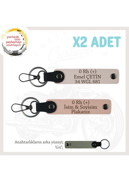 Hız Severlere Özel, Isim Plaka ve 0 Rh (+) Kan Grubu Yazılı 2'li Anahtarlık Set, Yavruağzı-Pudra-Gr
