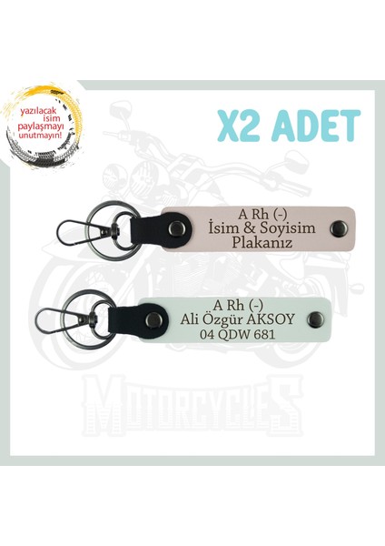 Pudra-Beyaz, Motor Tutkunlarına, Isim Plaka ve A Rh (-) Yazılı Özel Üretim Deri 2'li Anahtarlık Set