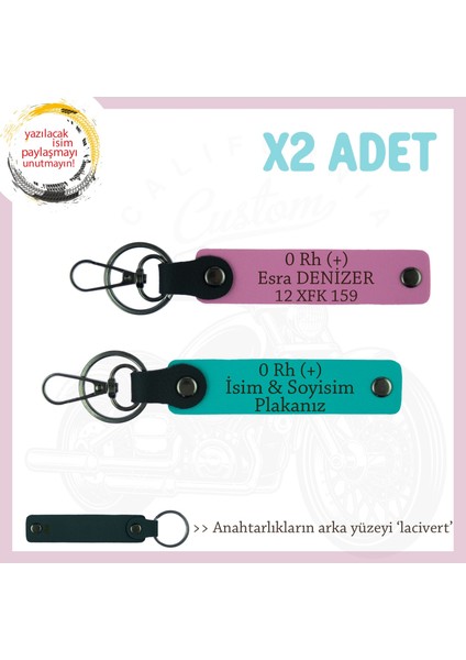 Biker Dostlarına, Isim Plaka ve 0 Rh (+) Kan Grubu Yazılı Motorcu Anahtarlığı, K Turkuaz-Pembe-Laci