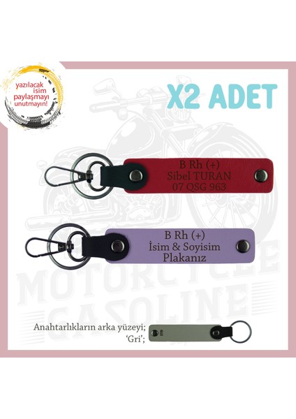 Yol Arkadaşlarına Özel Isim Plaka ve B Rh (+) Kan Grubu Yazılı Kişisel X2 Anahtarlık, Mor-Kırmızı-Gr