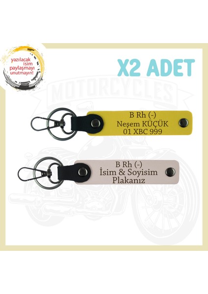 Pudra-Sarı, Biker Dostlarına, Isim Plaka ve B Rh (-) Kan Grubu Yazılı Hediyelik Deri 2'li Anahtarlık