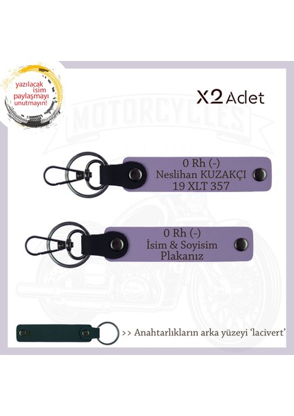Motor Tutkunlarına, Isim Plaka ve 0- Kan Grubu Yazılı Özel Üretim X2 Anahtarlık, Armağan, Mor-Laci