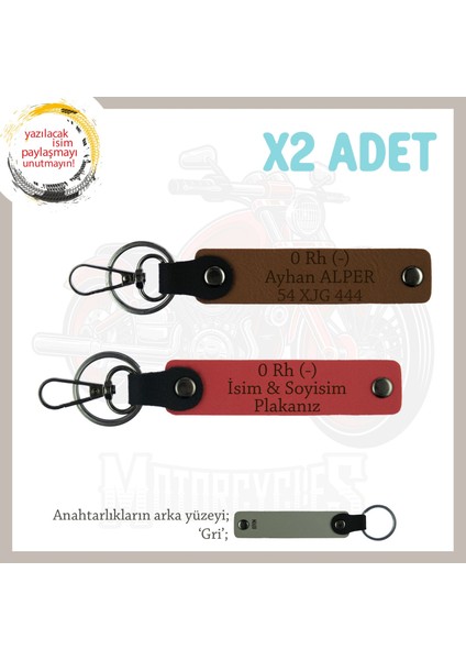 Biker Stiline Özel, Isim Plaka ve 0 Rh (-) Kan Grubu Yazılı Motor X2 Anahtarlık, Nar Çiçeği-Kahve-Gr