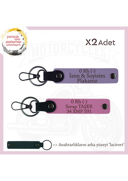 Motor Severlere Özel, Isim Plaka ve 0 Rh (-) Kan Grubu Yazılı X2'li Anahtarlık Takım, Mor-Pembe-Laci