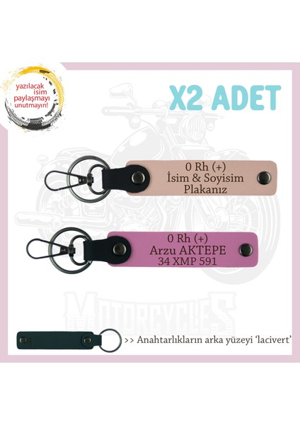 Isim Plaka ve 0 Rh (+) Kan Grubu Yazılı Değerli Hediye 2'li Set Anahtarlık , Yavruağzı-Pembe-Laci