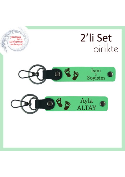 Yeni Doğan Için Isimli Hatıralık Seçeneği, Kalpli Ayak Motifli Anahtarlık Seti, Fıstık Yeşil-F Yeşil