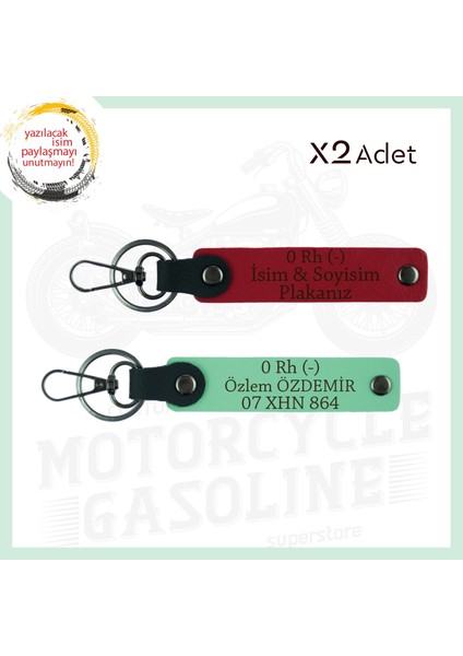 Kırmızı-Yeşil, Motorculara Özel, Isim Plaka ve 0 Rh (-) Kan Grubu Yazılı 2'li Anahtarlık Set