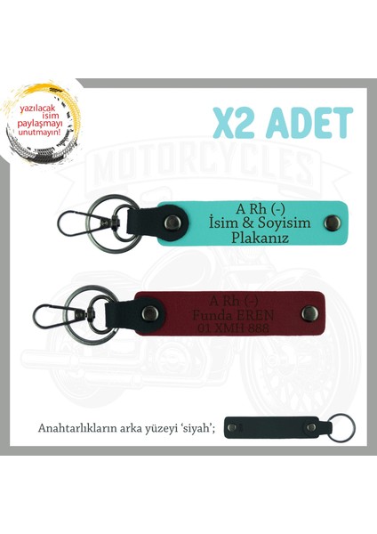 Motor Tutkunlarına Özel Isim Plaka, A- Kan Grubu Yazılı Özel Üretim X2 Anahtarlık, Turkuaz-Bordo-Syh