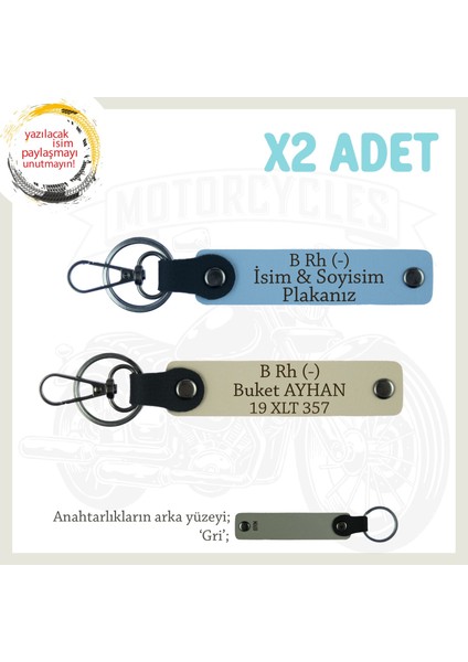 Motorcu Tarzına Uygun, Isim Plaka ve B Rh (-) Kan Grubu Yazılı X2 Anahtarlık Hediye, Mavi-S Kahve-Gr