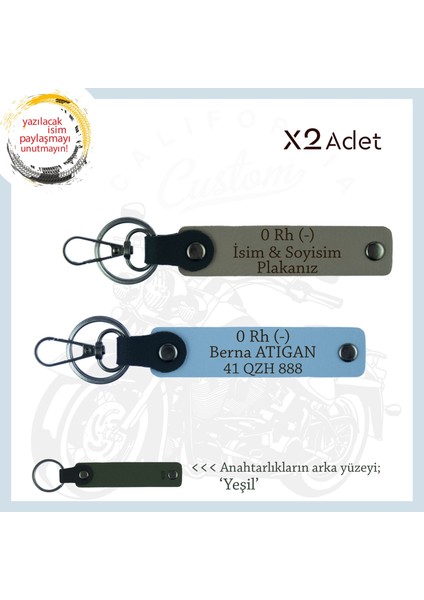 Motosiklet Aşıkları Için Isim Plaka ve 0 Rh (-) Kan Grubu Yazılı X2 Anahtarlık Set, Kül Gri-Mavi-Ysl