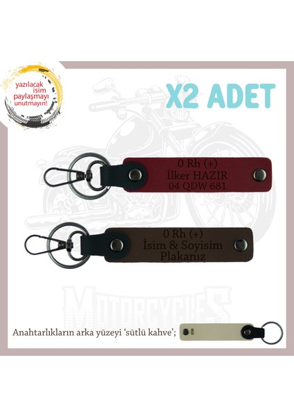 Bikerlar Için Özel, Isim Plaka ve 0 Rh (+) Kan Grubu Yazılı Hediye 2'li Anahtarlık, K Kahve-Bordo-Sk