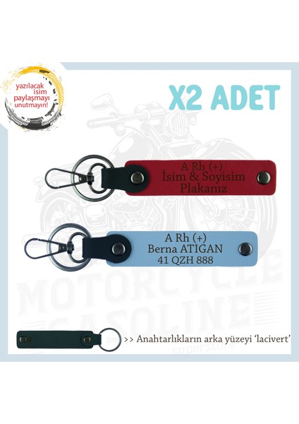 Biker Stiline Özel, Isim Plaka ve A+ Kan Grubu Yazılı Anlamlı Motor X2 Anahtarlık, Kırmızı-Mavi-Laci
