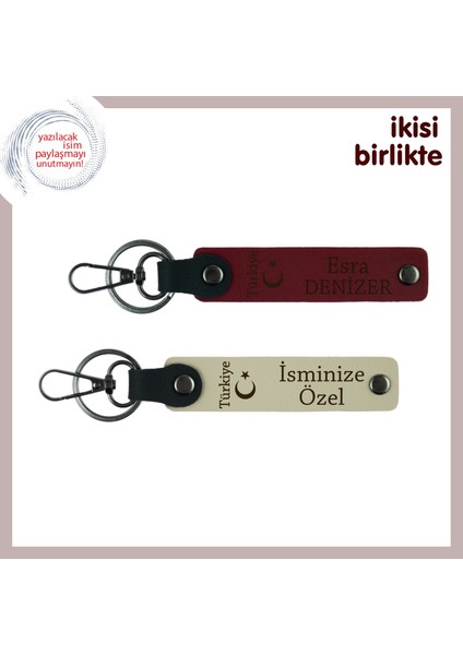 Vatan Temalı Hediye – Ayyıldız ve Türkiye, Isimli 2’li Deri Anahtarlık Seti, Bordo-Sütlü Kahve