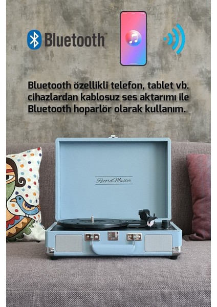 ST14012 Retro Pikap Plak Çalar- Pudra Mavi - Bluetooth ve Şarjlı - 3 Devir - Universal Iğneli
