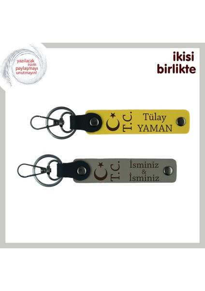 Birlikte Yazılan Hikâyeye Özel Hediye – Ay Yıldız Tc Isimli Deri Anahtarlık Takımı, Sarı-Kül Gri