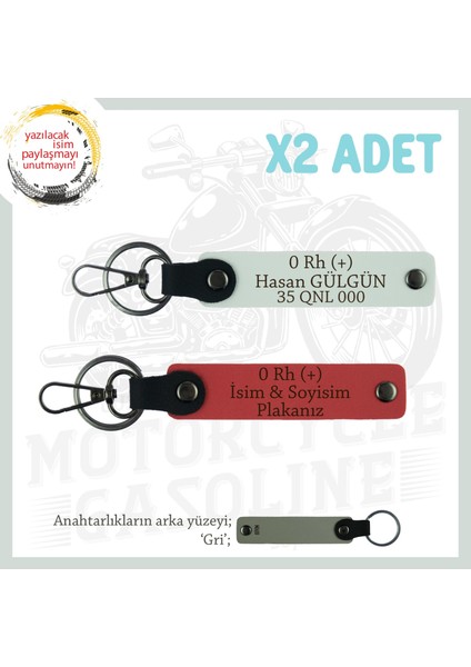 Hız Severlere Özel, Isim Plaka ve 0 Rh (+) Kan Grubu Yazılı X2 Anahtarlık Set, Nar Çiçeği-Beyaz-Gr