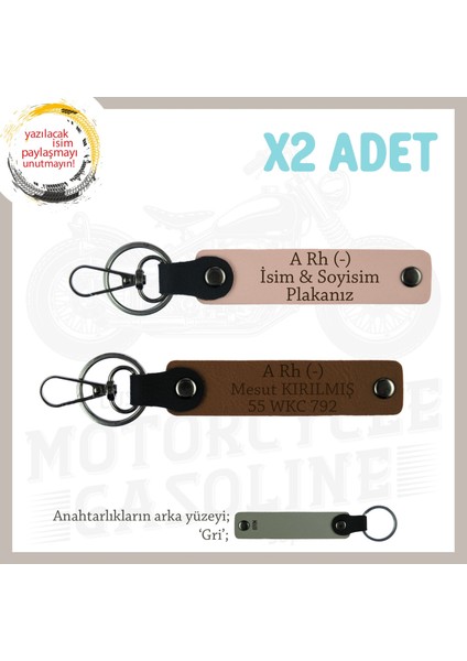 Erkek Motorcuya Hediye, Isim Plaka ve A Rh (-) Kan Grubu, Deri X2' Li Anahtarlık, Yavruağzı-Beyaz-Gr
