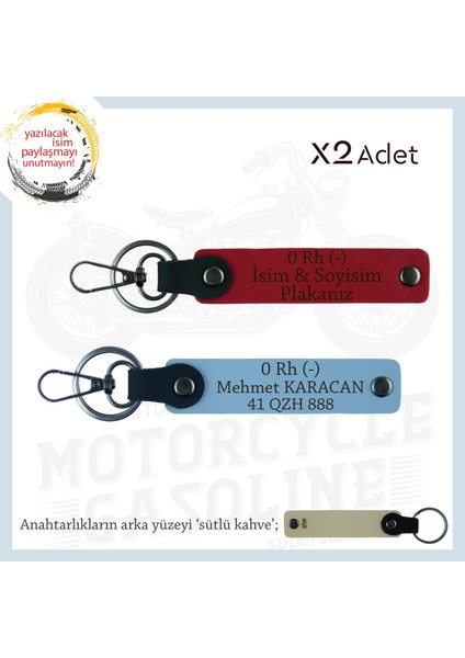 Biker Stiline Özel, Isim Plaka ve 0- Kan Grubu Yazılı Anlamlı Motor X2 Anahtarlık, Kırmızı-Mavi-Sk