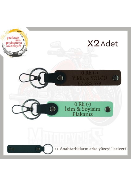 Motor Tutkunlarına Özel, Isim Plaka ve 0 Rh (-) Kan Grubu Yazılı X2 Anahtarlık, Yeşil-K Kahve-Laci