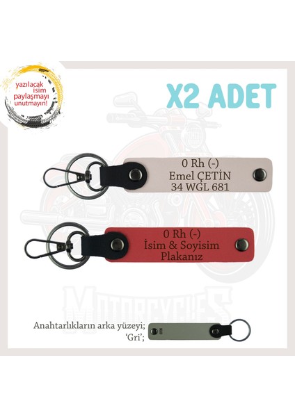 Motor Tutkunlarına Özel, Isim Plaka ve 0 Rh (-) Kan Grubu Yazılı X2 Anahtarlık, Nar Çiçeği-Pudra-Gr