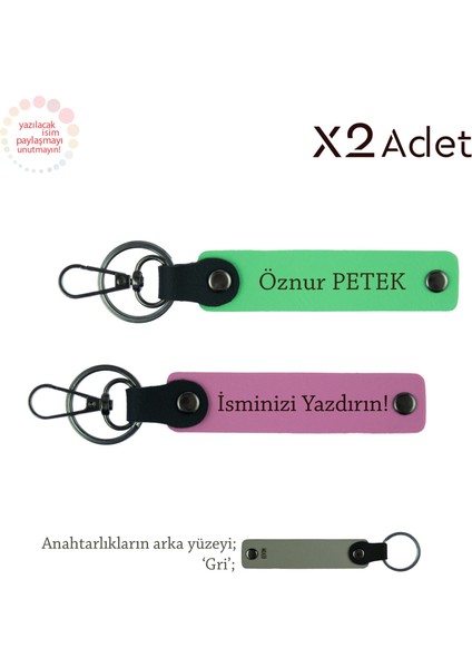 Çiftlere 14 Şubat Armağanı, Isim & Soyisim Yazılı 2’li Anahtarlık Seti, Pembe-Fıstık Yeşil-Gri