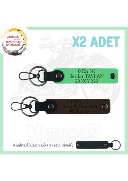 Hız Severlere Isim Plaka ve 0 Rh (+) Kan Grubu Yazılı Motorcu X2 Anahtarlık, K Kahve-F Yeşil-Syh