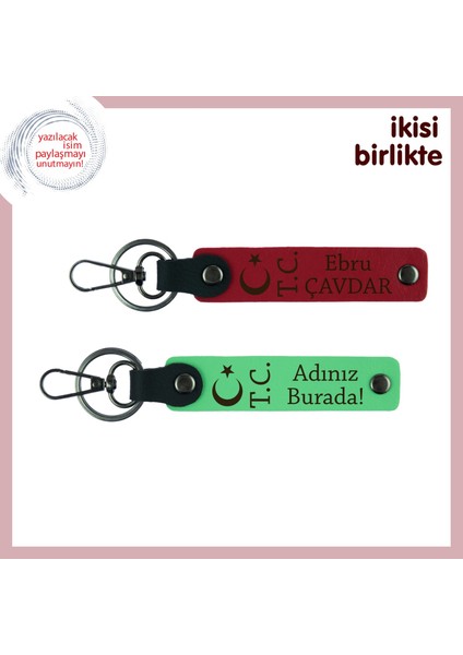 Ay Yıldız Tc Isim Yazılabilir Deri Anahtarlık Takımı, Kişiye Özel 2’li Hediyelik Set, Kırmızı-Yeşil