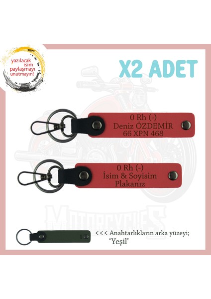 Motor Severlere Hediye Isim Plaka ve 0 Rh (-) Kan Grubu Yazılı Deri 2'li Anahtarlık, Nar Çiçeği-Ysl