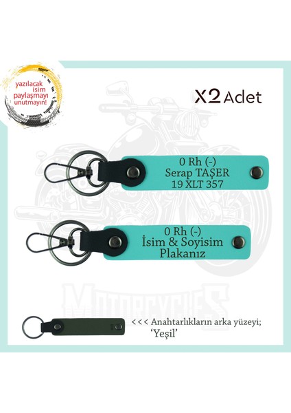 Motor Plakan ve Ismin Anahtarlığında! Isim Plaka ve 0 Rh (-) Kan Grubu 2'li Anahtarlık, Turkuaz-Ysl