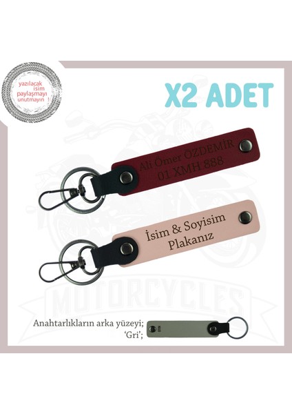 Motosiklet Severlere, Isim ve Plaka ve Yazılı Özel Tasarım X2 Deri Anahtarlık, Yavruağzı-Bordo-Gr