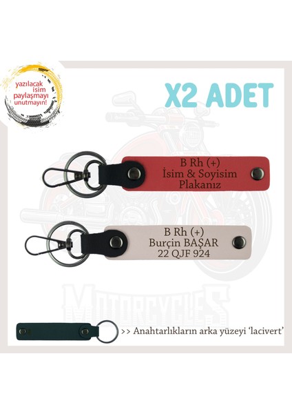 Motor Tutkunlarına, Isim Plaka ve B Rh (+) Kan Grubu Yazılı 2'li Anahtarlık, Nar Çiçeği-Pudra-Laci