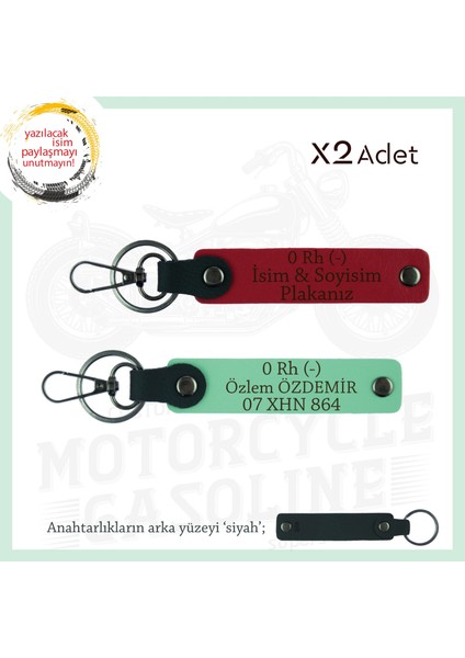 Motor Sürücüsüne Isim Plaka ve 0 Rh (-) Kan Grubu Yazılı 2' Li Anahtarlık Hediye, Kırmızı-Yeşil-Syh