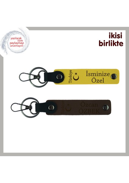 Vatan Temalı Aşk Hediyesi Ayyıldız ve Türkiye, Isim Yazılı Deri Anahtarlık X2' Li Set, Sarı-Kahve