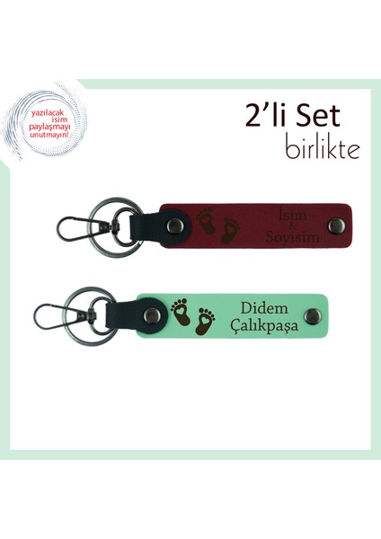 Sevimli ve Kişisel Tasarım Arayanlara, Kalpli Bebek Ayağı Temalı Anahtarlık Seti, Bordo-Açık Yeşil