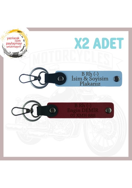 Gök Mavi-Bordo, Motor Severlere Özel, Isim Plaka ve B - Kan Grubu Yazılı Kişiye Özel 2'li Anahtarlık