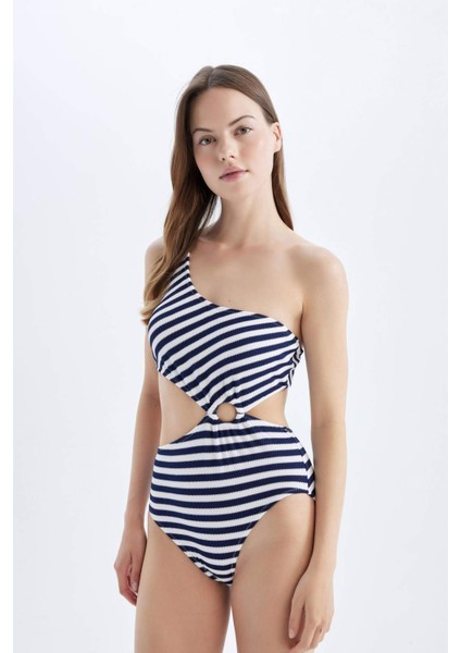 Çizgili Bürümcük Tek Omuzlu Mayo-Fall in Love A9454AX24SM