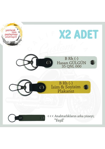 Sürücülere Özel, Isim, Plaka ve B Rh (-) Kan Grubu, Kişiselleştirilmiş X2 Anahtarlık, Sarı-Beyaz-Ysl