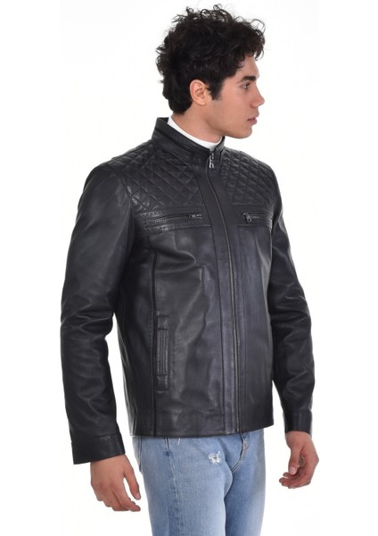 Hakiki Deri Siyah Erkek Deri Mont Omuzdan Baklava Desenli Dört Cepli Deri Ceket modelleri
