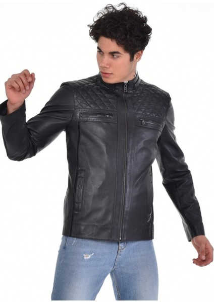 Hakiki Deri Siyah Erkek Deri Mont Omuzdan Baklava Desenli Dört Cepli Deri Ceket fırsatları