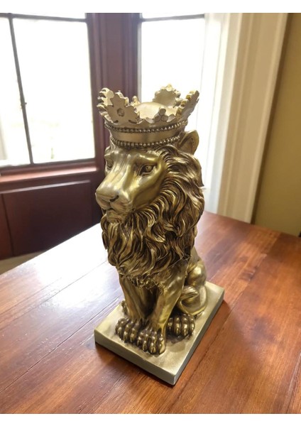 Taçlı Aslan Heykeli | 40X25X20 cm | Altın Detaylı Polyester Dekoratif Figür fırsatları