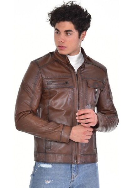 Hakiki Deri Kahverengi Oscar 5 Cepli Erkek Deri Ceket
