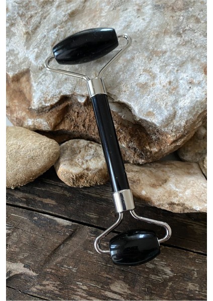 Doğal Oniks Taşlı Çift Taraflı Gümüş Yüz Masaj Aleti