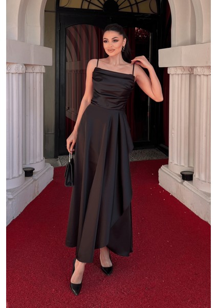 Saten Kumaş Sırtı Ip Detaylı Asimetri Kesim Elbise - Siyah