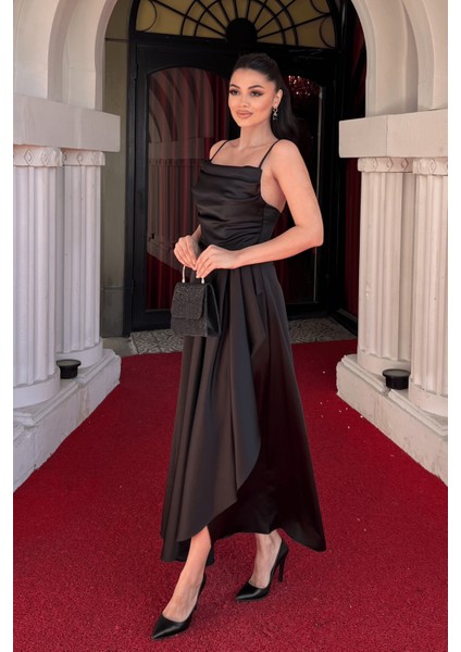 Saten Kumaş Sırtı Ip Detaylı Asimetri Kesim Elbise - Siyah fiyatları