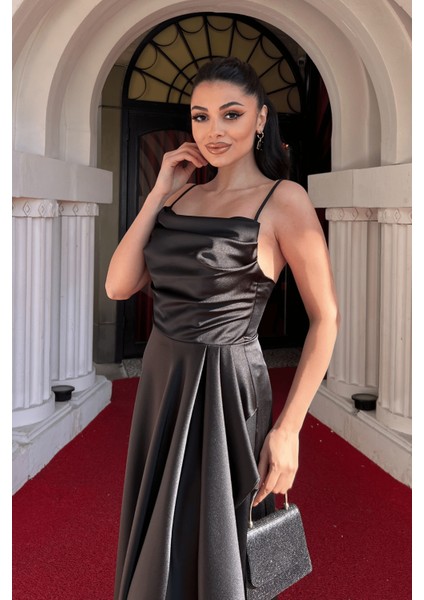 Saten Kumaş Sırtı Ip Detaylı Asimetri Kesim Elbise - Siyah modelleri