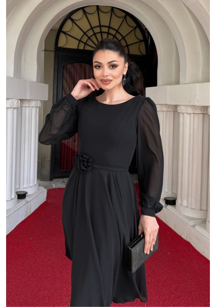 Sifon Kumaş Çiçek Detaylı Midi Elbise - Siyah fırsatları