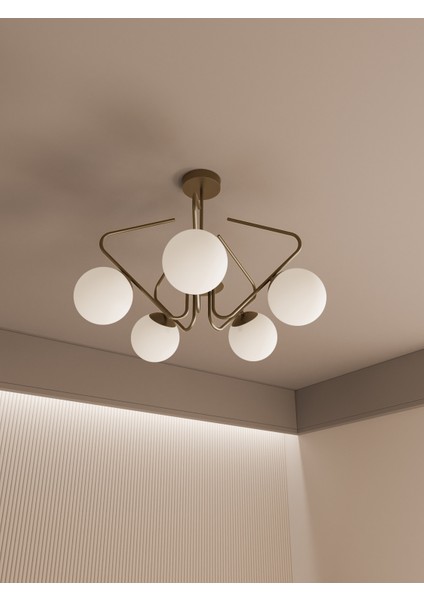 Lunor Cam Küre Başlıklı Modern 5'li Avize – Salon ve Oturma Odası Için